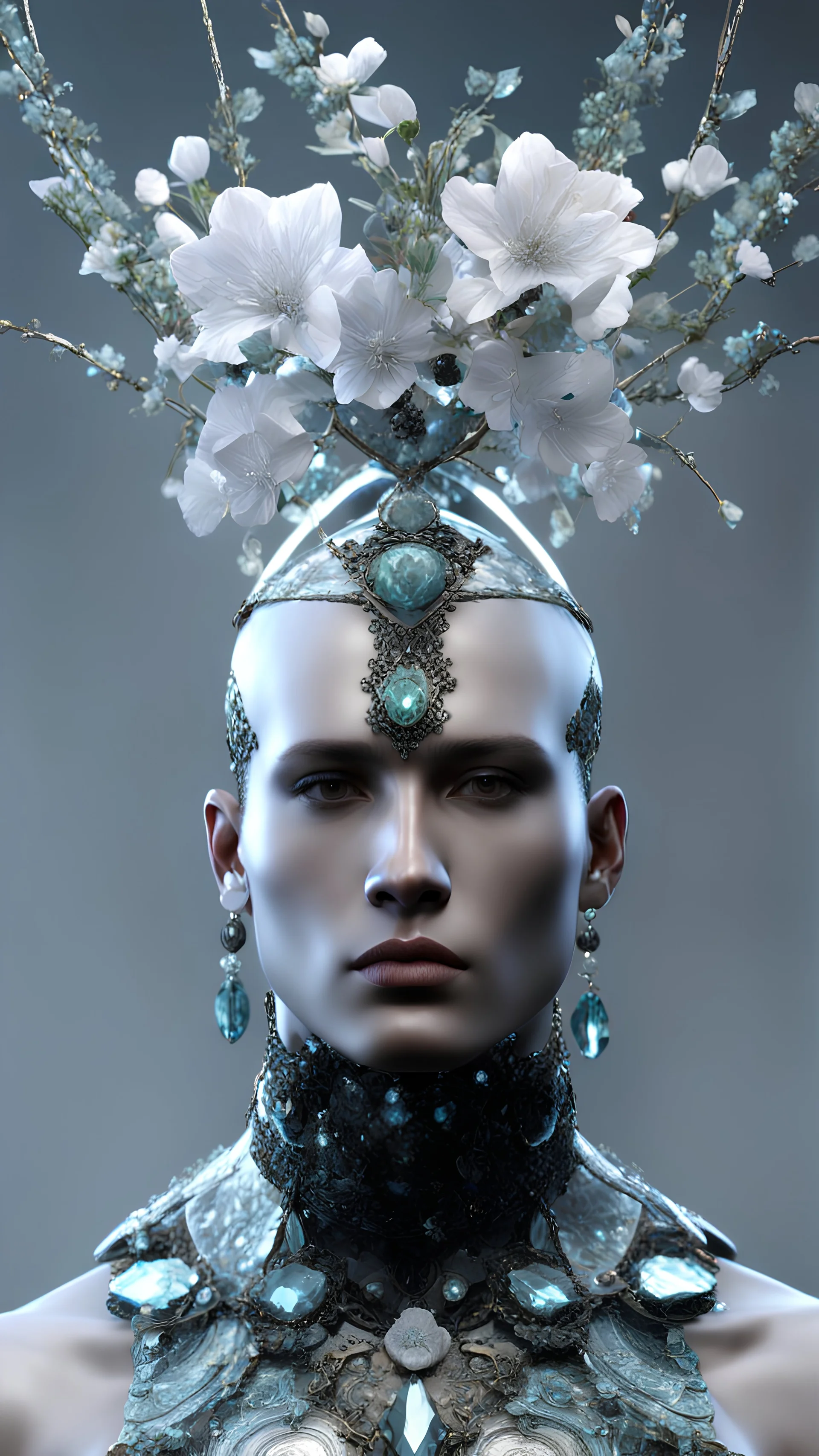 AI photo realistic MALE DRYAD, handsome, shaved head, rugged, cheek bones, intricate shiny 3D headress, intricate shiny 3D necklace, Flowers, LARGE GEMSTONES, GLASS, Metalic, octane render, 64k, 3D, depth of vision, high resolution