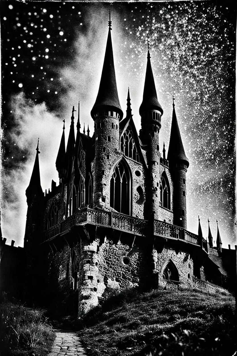 Detailed Ilford photograph of creepy castle, naïve, strong texture, extreme detail, Max Ernst, decal, rich moody colors, sparkles, Harry Potter style