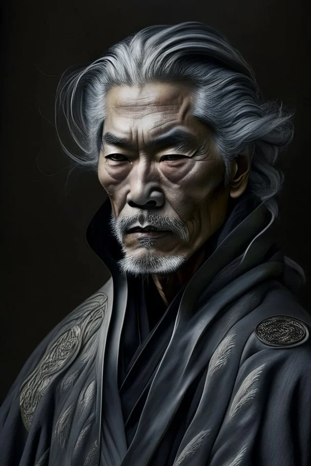 a photo of an Asian man with ethnic jewelry, grey hair and grey flowing robe, in style of Annie Leibovitz, contemporary portrait of a mature yet beautiful and modernist man, black and grey, detailed masculine face, swirling fluid smokey enigma, award-winning artwork