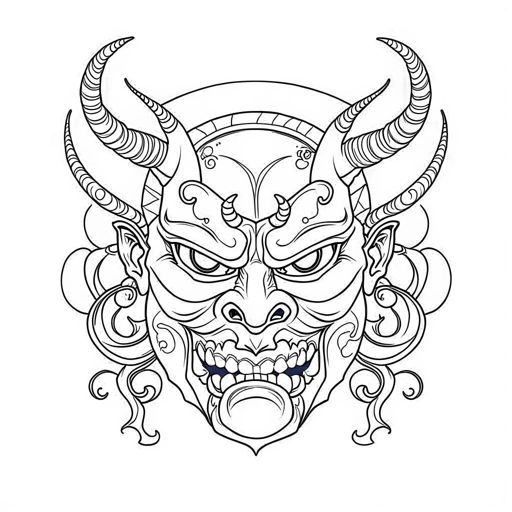 White, minimalis line art , oni mask japanes , vector, white background, outline, with images neatly contained within the background, just black and white color,