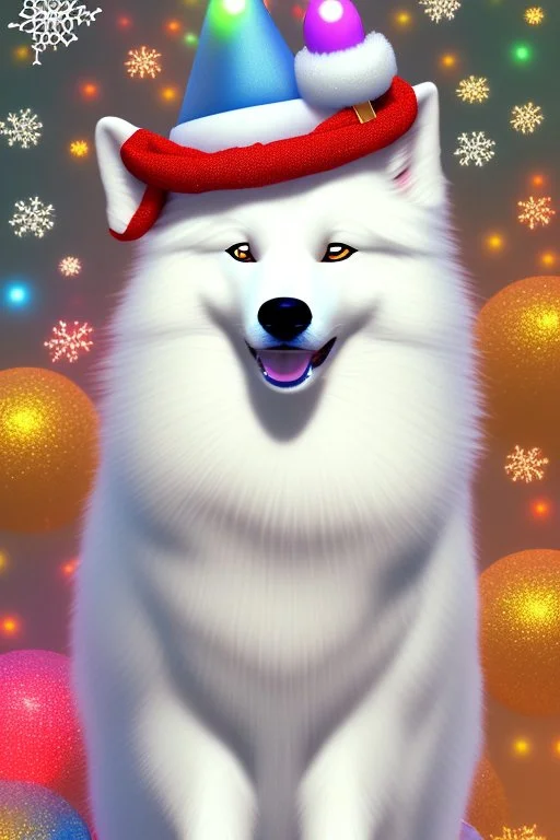 Cute, fluffy, happy looking white Samoyed dog, colorful, festive atmosphere, detailed, congratulating