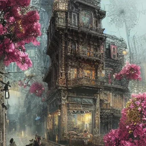 Insanely detailed photograph of an “portrait of gorgeous city” with intricate gears, intricate embroidered band, hyperdetailed painting by Ismail Inceoglu Huang Guangjian and Dan Witz CGSociety ZBrush Central fantasy art album cover art,8K, hdr, romantic, mysterious, ominous, flowers, jewelry, steam,oil,cafe,1920's