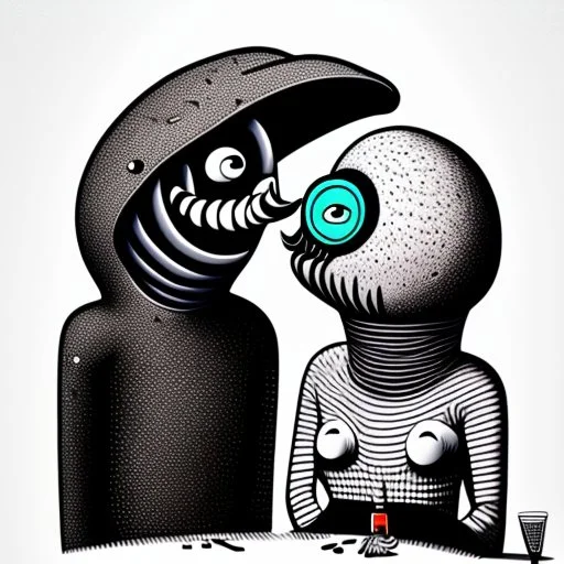 Two cartoonist drawn worms in love, staring at each other, absurdist, retrofuturism, pop art, romantic, gonzo drawing style, beszerk, strange, dune art style