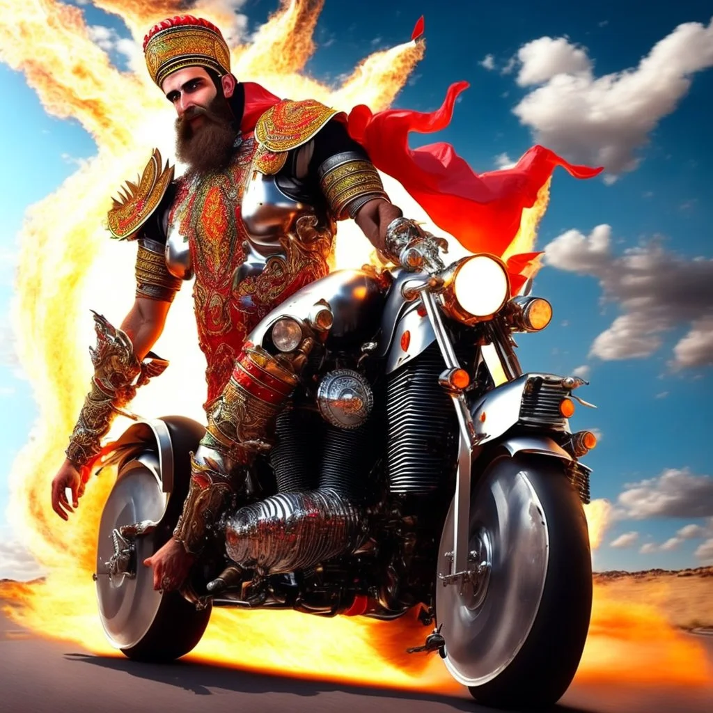 Kebab Man mounted his holy motorcycle, the engine roaring to life with divine power. With a final glance at the celestial realms, he sped down to Earth from heaven, ready to begin his quest.