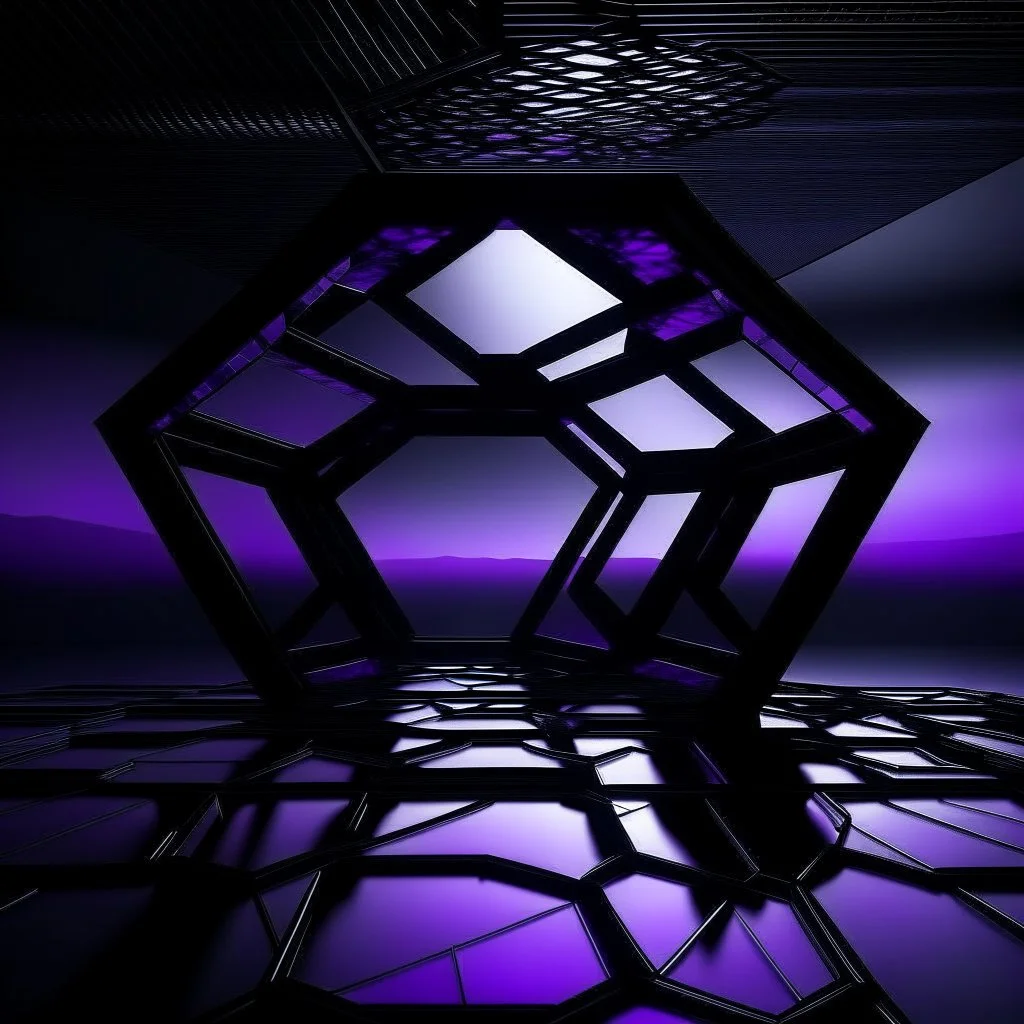 a large dark black 3D hexagon structure with a neon purple outline floating high above a desolate monochrome landscape