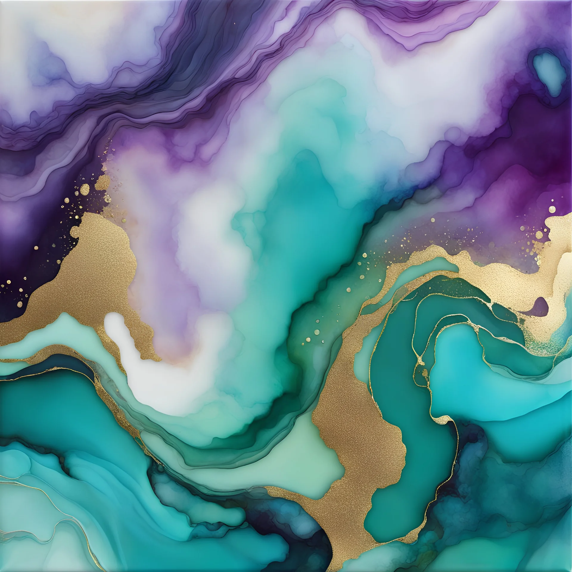 Alcohol ink art tile pattern. Vibrant, fantasy, delicate, ethereal. Sea. Shades of green, purple, aqua, turquoise, white. waves on shore. Background gold ink drip.