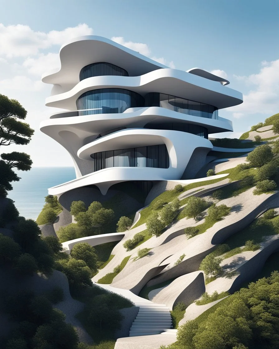 Casa campestre en un acantilado con un precipicio alto junto al mar, arquitectura Neofuturista estilo Zaha Hadid, árboles, gente, cielo clima de verano