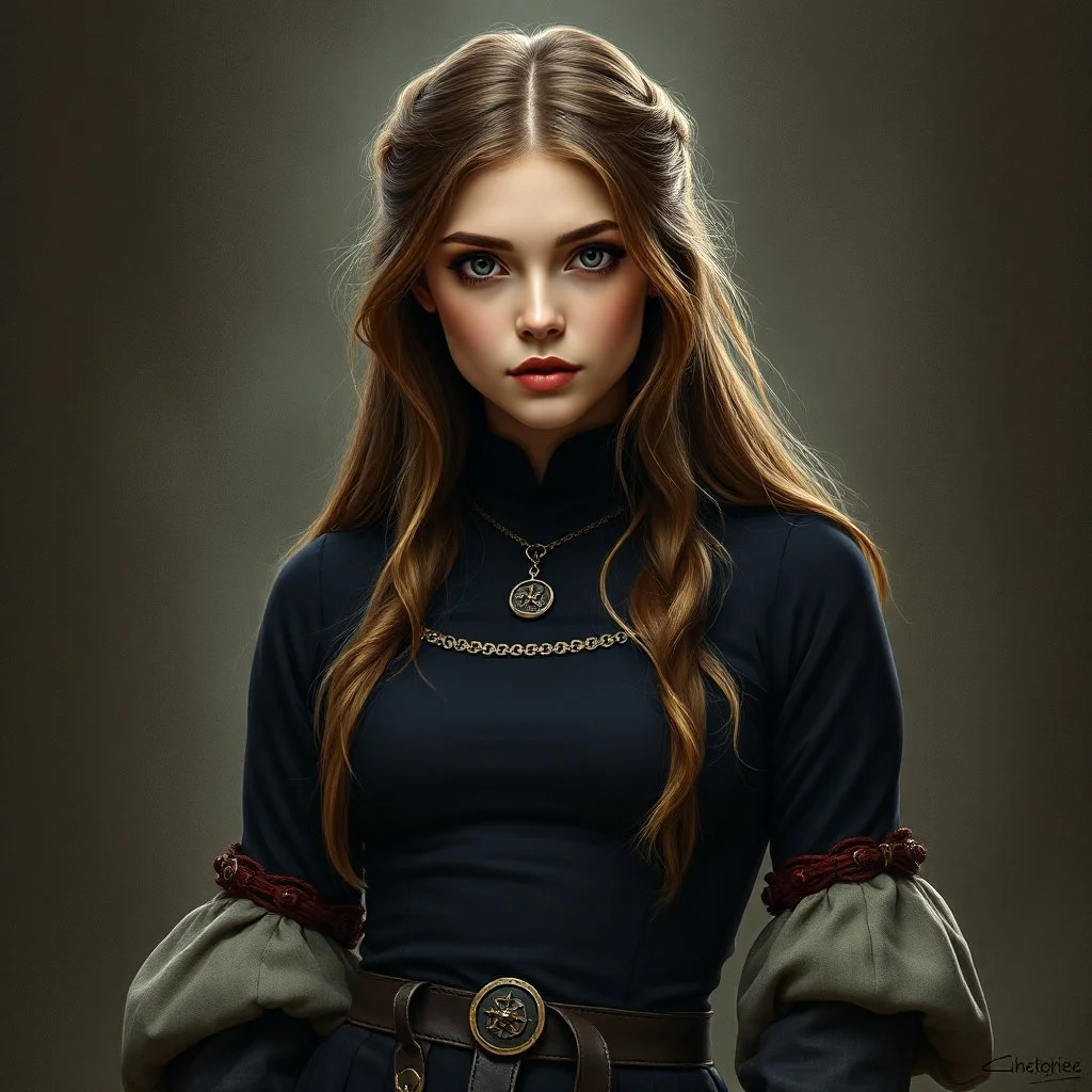 pretty girl, conventionally attractive, dark clothes, tight top, medieval, scholar