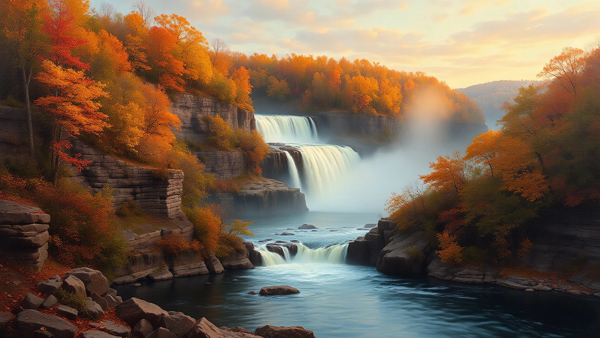 Cumberland Falls, Kentucky, magnificent waterfall, autumn colors, early evening, mist on the water, photorealistic, colors, natural colors, realism, oil on canvas, in the style of Thomas Cole, George Inness, Asher Brown Durand