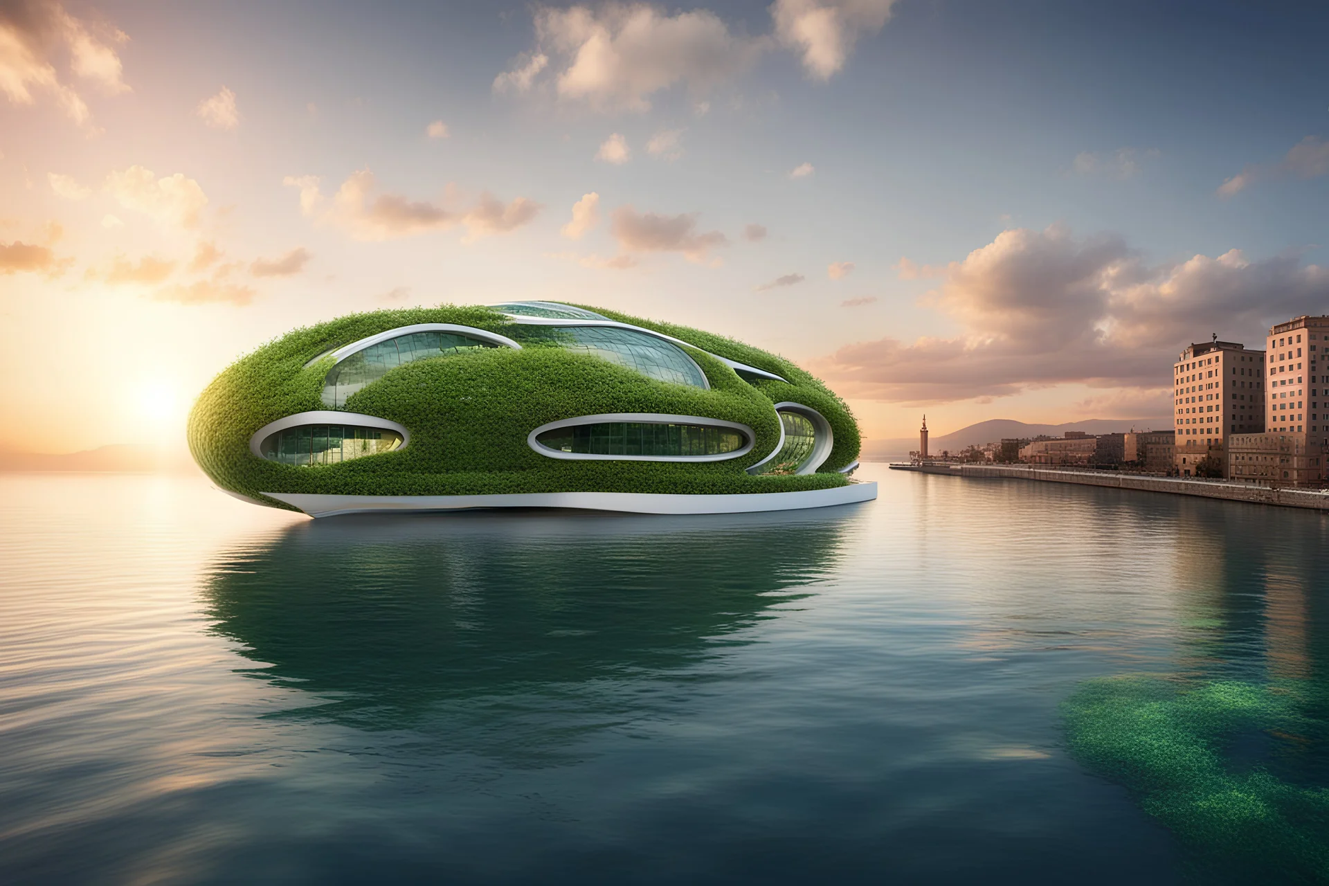 biophilic,amorph building,green building,futuristic,transformation,nature,submarine,sunset,strait of messina,floating city