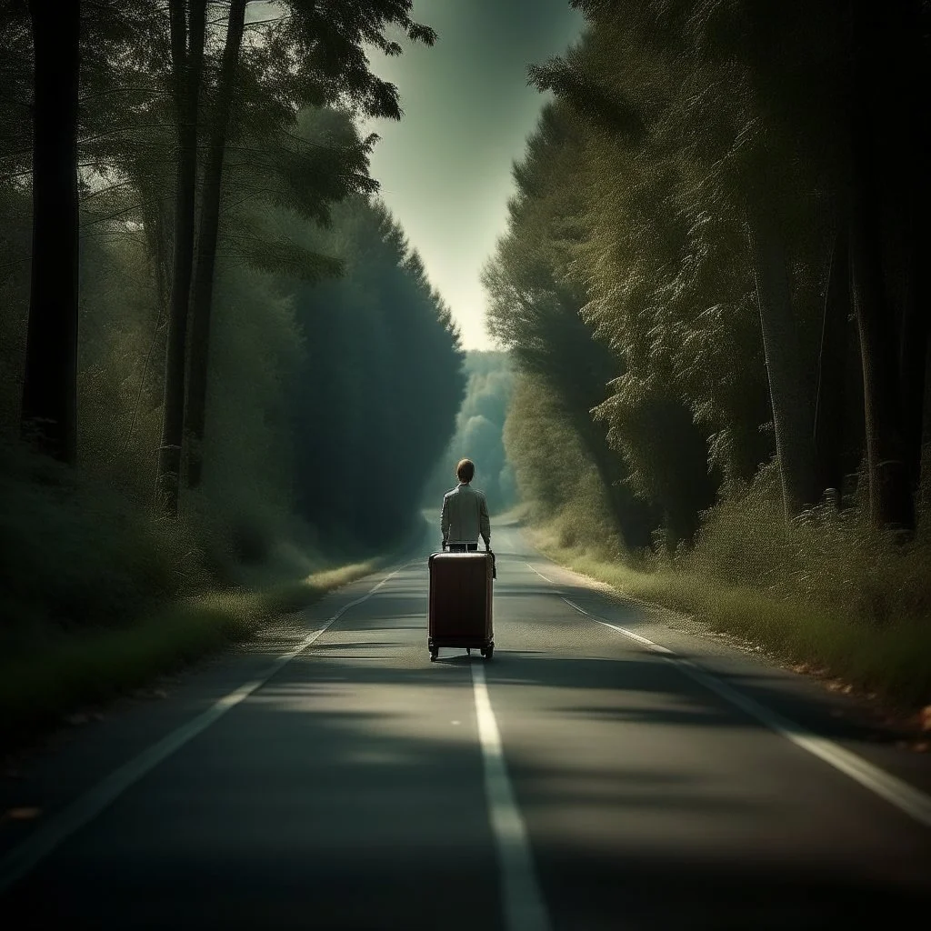 a lonely figure with a suitcase, leaving a metropole, on a road, into a forest, photo quality