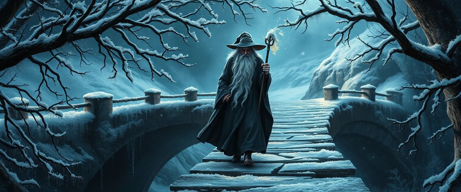 close up portrait of wizard on the bridge, Beneath the frozen boughs he strode, Where glassy frost did bite the road. The bridge did arch o’er shadowed flood, And whispering waters ran like blood. Each step a ghost, each breath a flame, The cavern shivered at his name. *(Verse II)* From corner dark, a rustle, a squeak, A nimble shadow, clever and meek. Its eyes did glimmer with childish guile, Yet laughter edged with malice vile.
