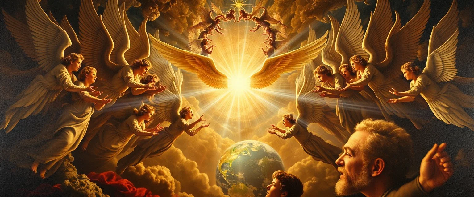 master oil painting by Rembrandt,100 million angels singing, display of god rays over blessed earth