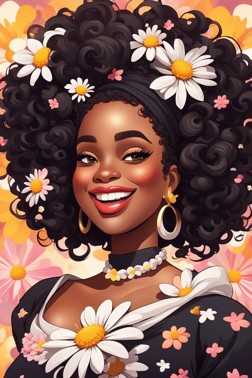 Create a abstract cartoon art style image of a curvy black female looking down with a smile on her face. Prominent makeup with hazel eyes. Highly detailed messy curly bun with a hair scarf tied on her head with large daisy flowers surrounding her. 2k