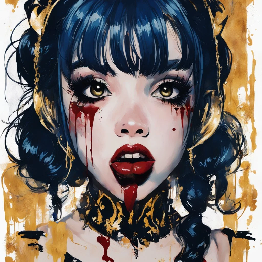 Poster in two gradually, a one side malevolent goth vampire girl face show his tonge, and other side the Singer Melanie Martinez face, painting by Yoji Shinkawa, darkblue and gold tones,