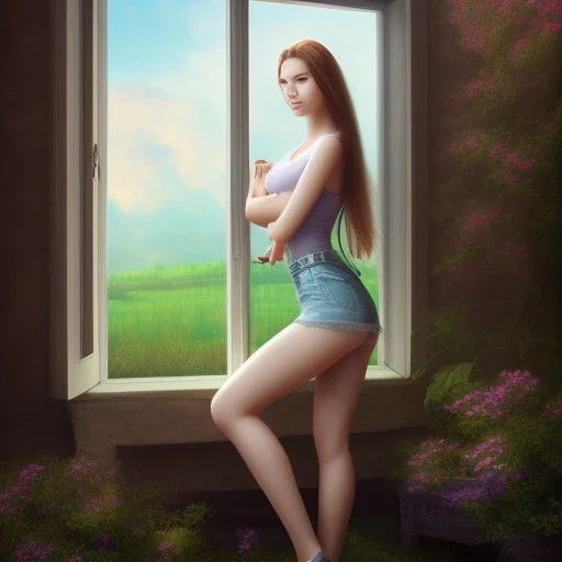  country side, 20 year old very beautiful Girl named Bella ,portrait paint poarch standing next to window looking at camera