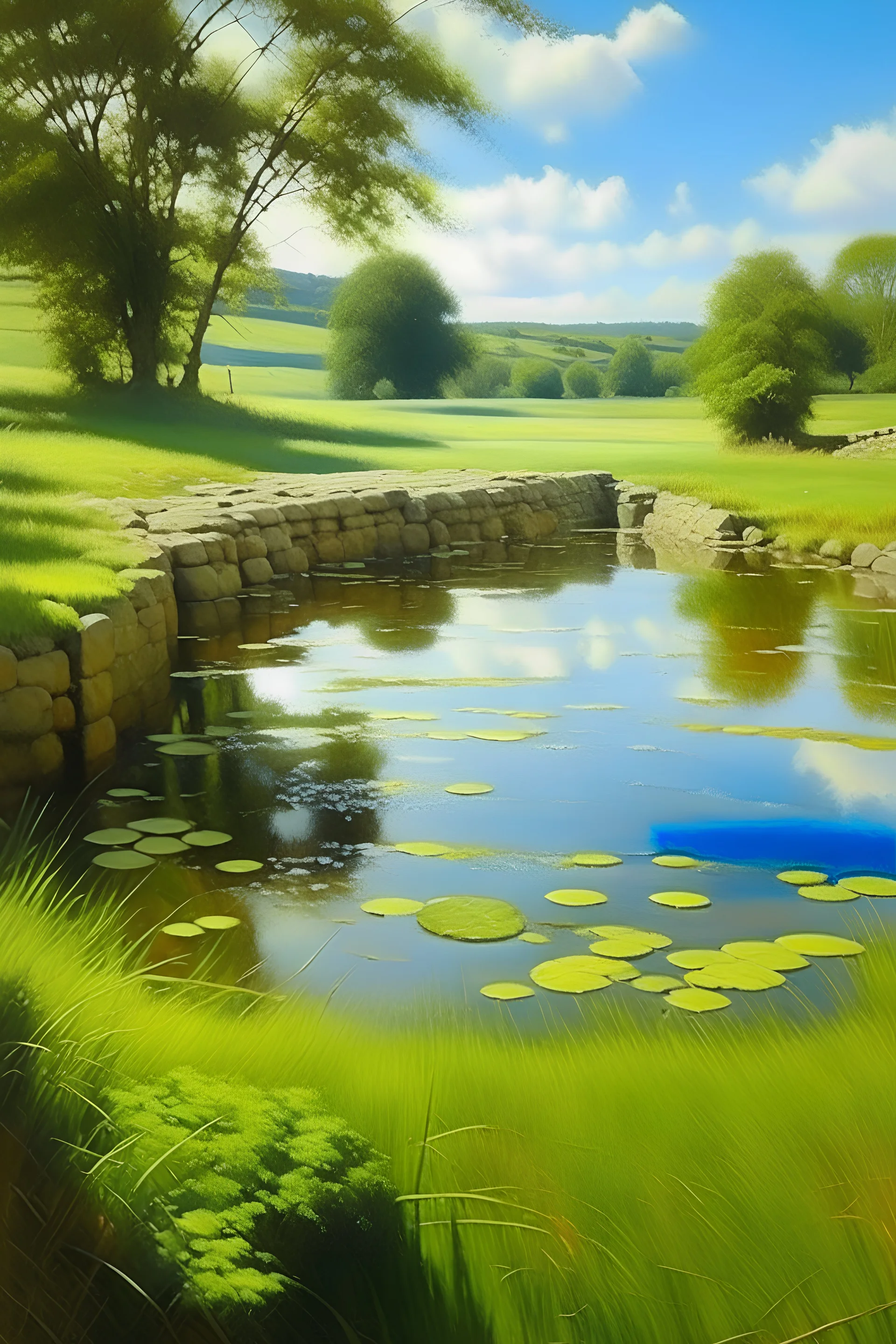 A (((sunny day in a rural setting))), with a (((clearing))) where a (((well))) with rippling waters and (ancient stone walls) dominates the scene