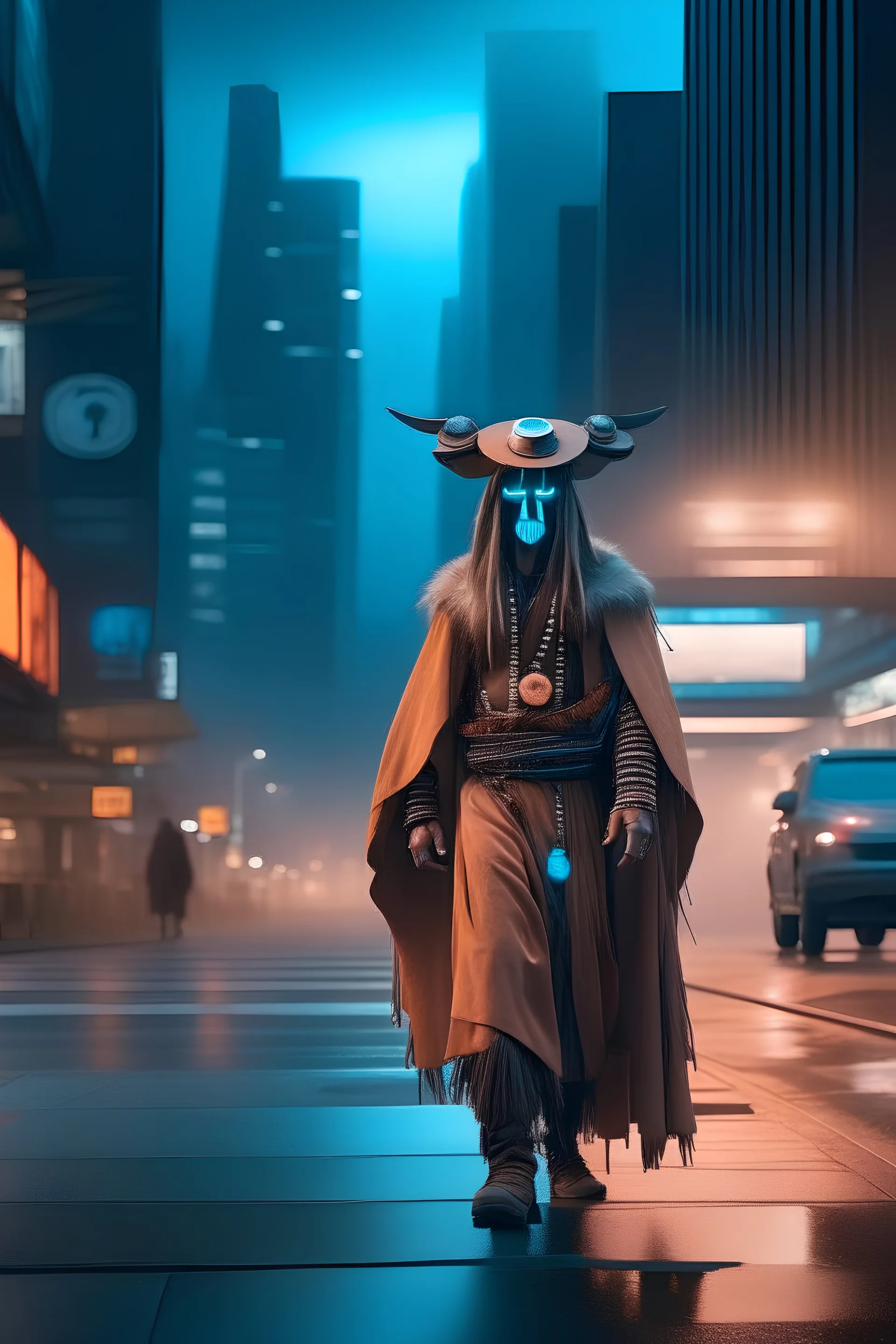 shaman going through the streets of modern city, in style of blade runner