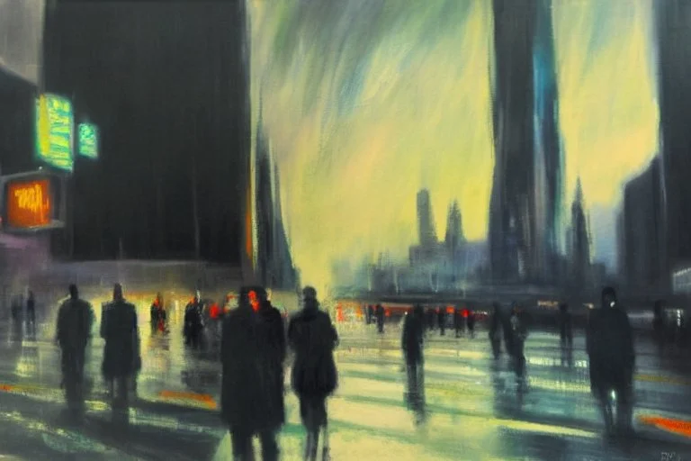 Futuristic City, city lights, people, street, Blade runner influence, philip wilson steer impressionism painting