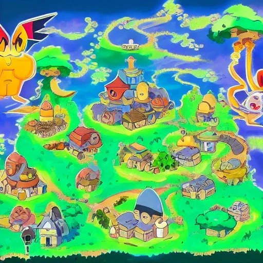 Village in the cosmos in pokemon style and dr seuss style