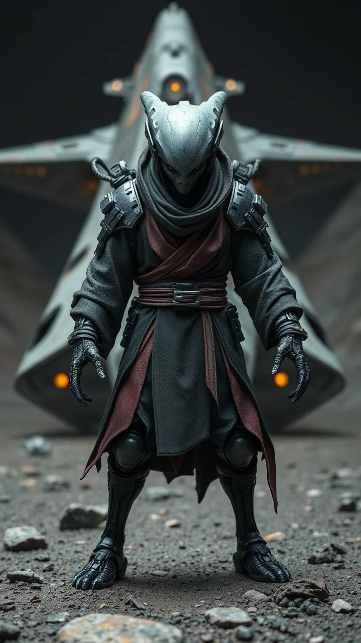 A centering dynamic view action showcasing the fusion of figma and Neumorphic elements, depicting a fully fantasy of an alien Its intricate mechanisms are driven by interlocking robes and complex fabrics casual outfit embedded throughout its massive figma frame. Stance on black mechtech battlefields abandone Dojo. And the face is looking to the camera, show space ship landing on the ground behind the object in the background