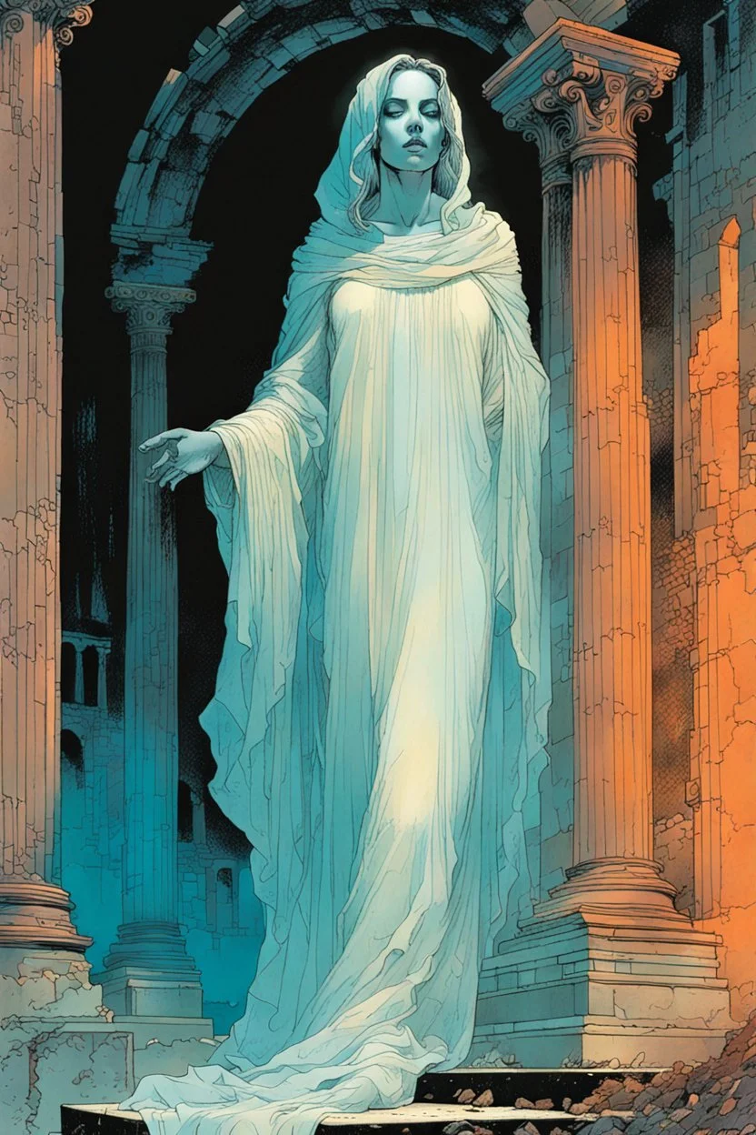 create an imaginative print illustration of the pale translucent ghost of an ancient female Oracle, Pythia clothed in ragged ornate Grecian robes, with finely detailed hair and feminine facial features, in the ruined city of the dead , in the comic book art style of Bill Sienkiewicz, Mike Mignola, and Jean Giraud Moebius, finely textured, drawn, colored, and inked, suffused with dark foreboding shadows