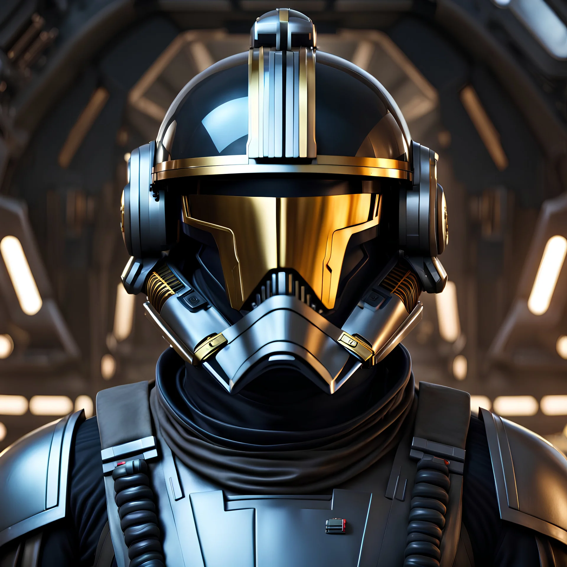 star wars bald male corellian pilot wearing gunmetal grey and black First Order TIE pilot armored flightsuit and helmet with gold trim inside the jedi temple, centered head and shoulders portrait, hyperdetailed, dynamic lighting, hyperdetailed background, 8k resolution, volumetric lighting, light skin, fully symmetric details