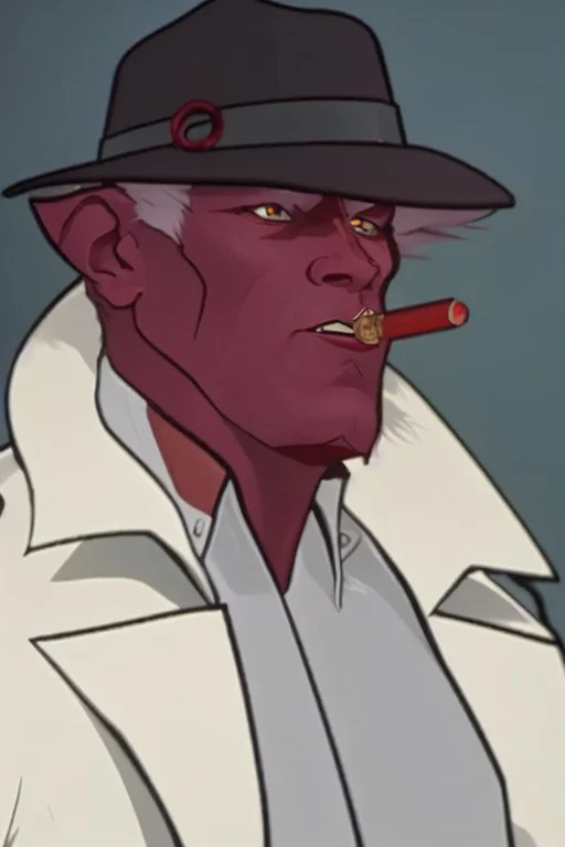 A red tiefling wearing a police comisioner outfit smoking a cig.