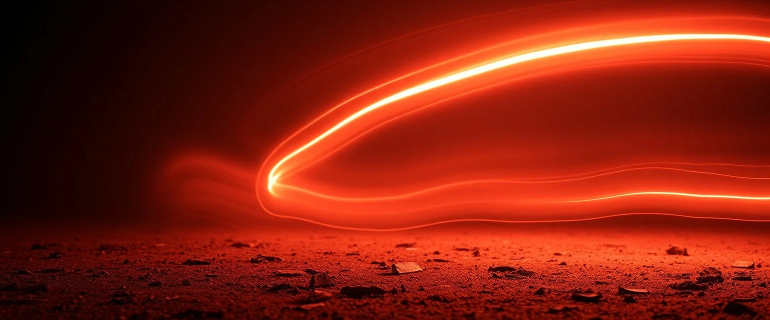 streaking swirling trails of light in the background, natural red tones, brown dirt ground long bottom, dark background