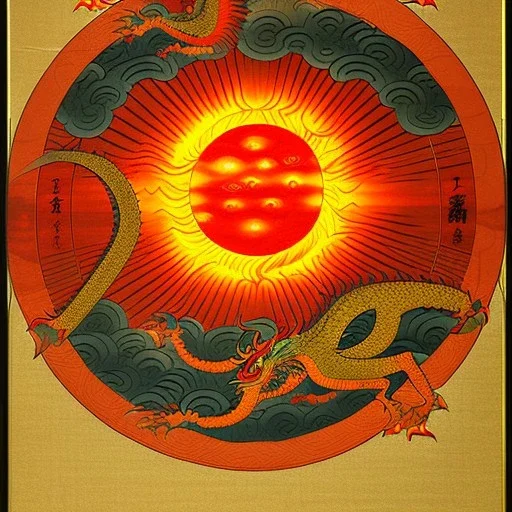 Ukiyo-e painting of a red dragon flying around a sun