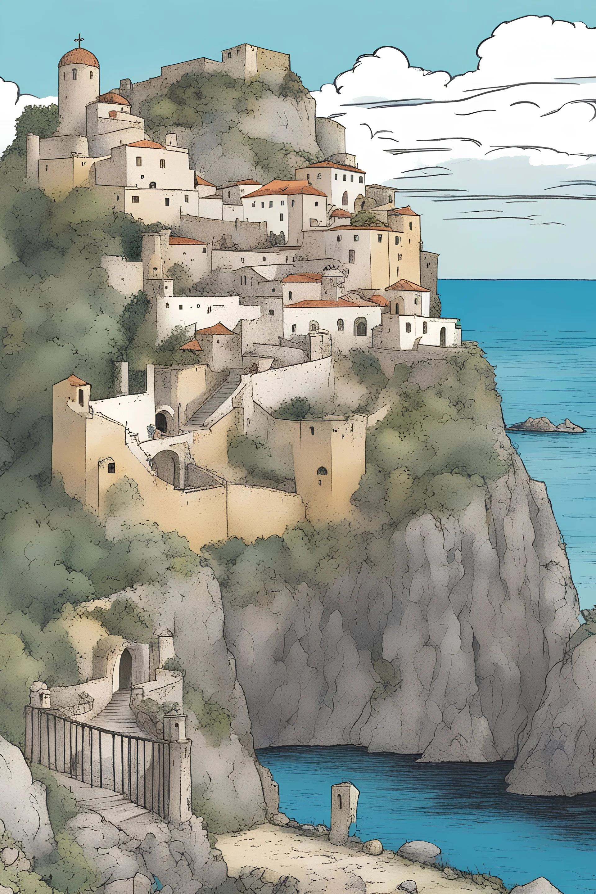 Castello Aragonese d'Ischia as 3 comic strips. the past, the present and the future