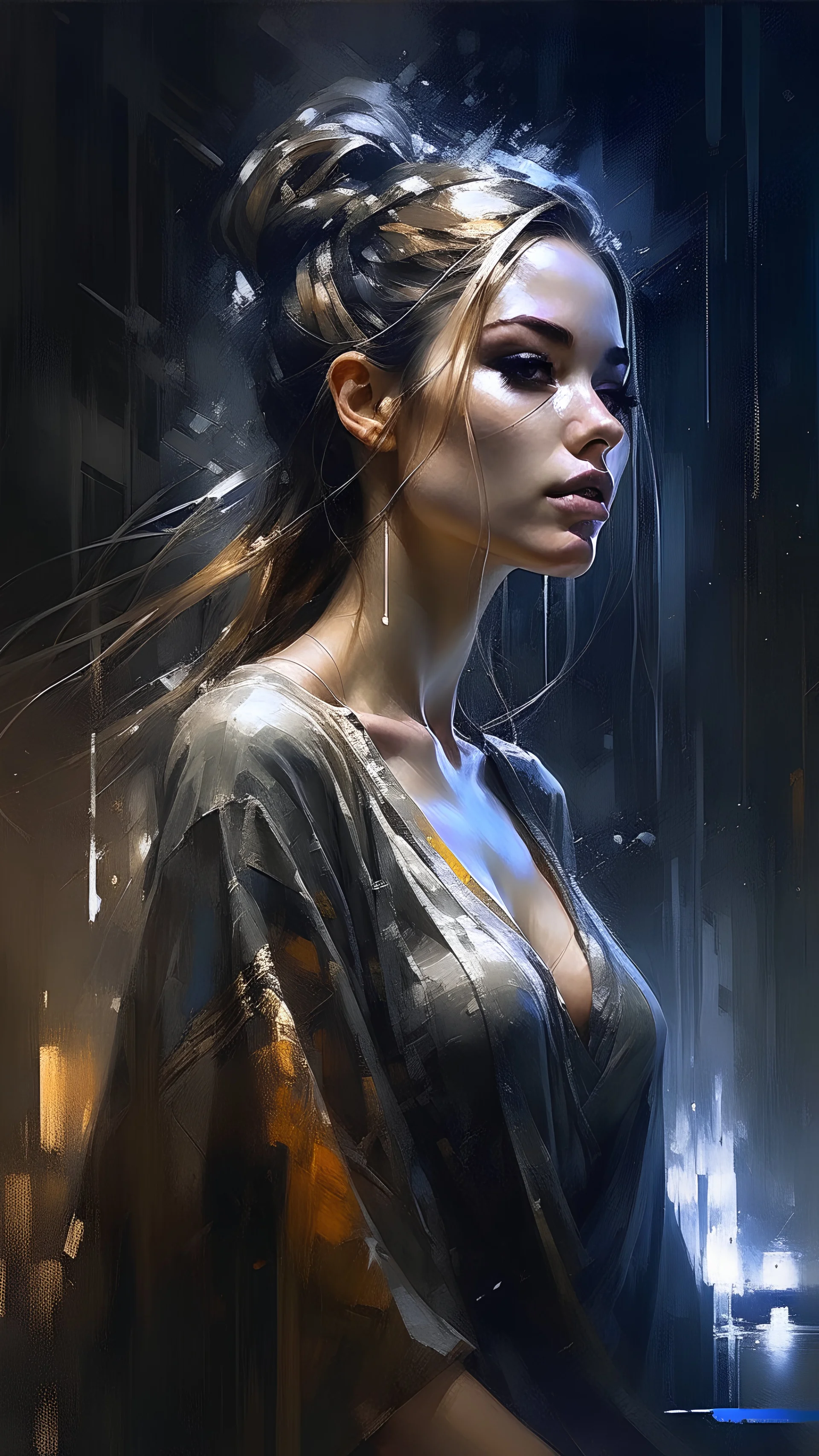 A stunningly elegant woman stands amidst a torrential downpour, captured in breathtaking artwork by renowned artists Abdel Hadi Al Gazzar, Abed Abdi, Greg Rutowski, WLOP, Alphonse Mucha, and Russ Mills. This mesmerizing image portrays the woman's natural beauty amidst the rain, her wet hair clinging gracefully to her face. The artistic medium, whether a painting, photograph, or other artistic creation, brings the scene to life in vivid detail. The image's impeccable quality showcases the impecca
