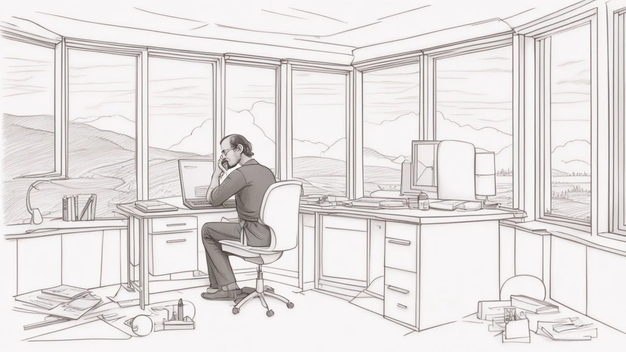 الصورة تعرض ستيف جوبز وهو جالس في مكتبه الخاص، وراءه نافذة تطل على مناظر طبيعية هادئة. يظهر جوبز وهو يرتدي ثوبًا بسيطًا ويتلقى مكالمة هاتفية بينما يعمل على جهاز كمبيوتر محمول. يتسم وجهه بتعابير التفكير العميق والابتسامة الخفيفة، مما يشير إلى تركيزه الشديد وتفكيره الابتكاري. على مكتبه، يمكن رؤية مجموعة من المخططات والنماذج المصغرة لأجهزة تكنولوجية، مما يظهر اهتمامه بالتفاصيل والتصميم المميز. كما يمكن أن نلاحظ تواجد كتب وأدوات كتابة، مما يشير إلى تطلعه المستمر للمعرفة والابتكار. الإضاءة في الصور