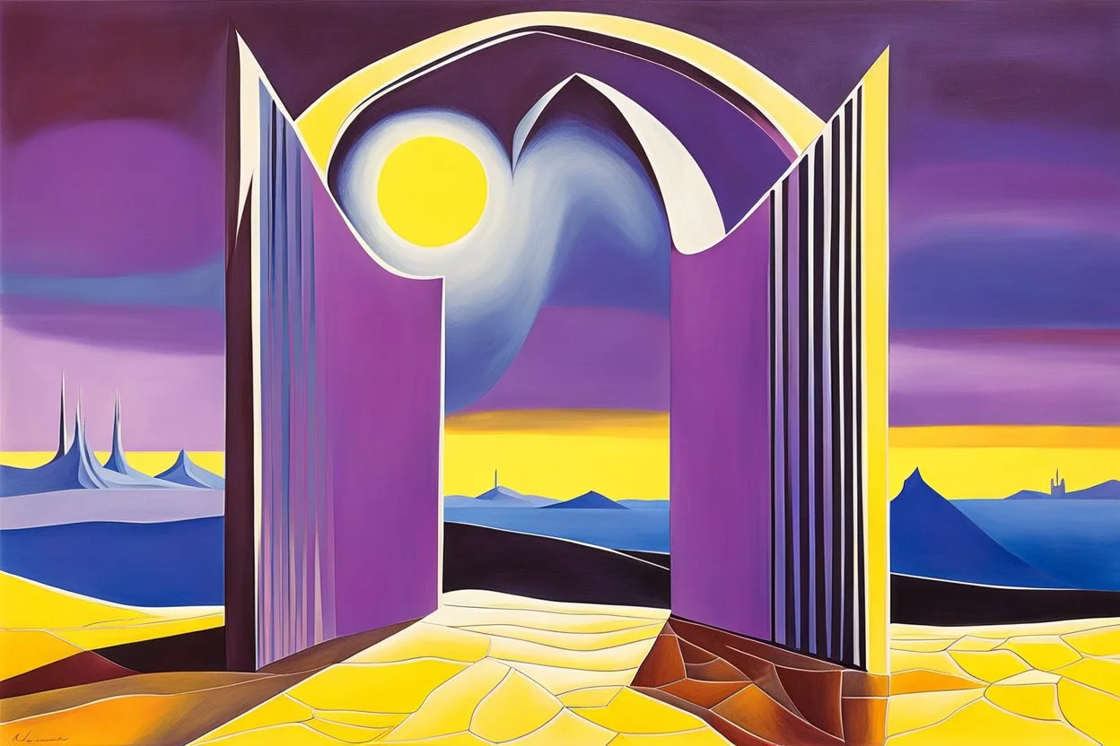 a surreal open gothic_arab gate in a glass wall with a view of a desolate landscape, storm, strong contrasts, by artist "Leonora Carrington",by artist "Zaha Hadid",These colors are bold, vibrant, and intense, including shades of colors such as purple, blue, and yellow.