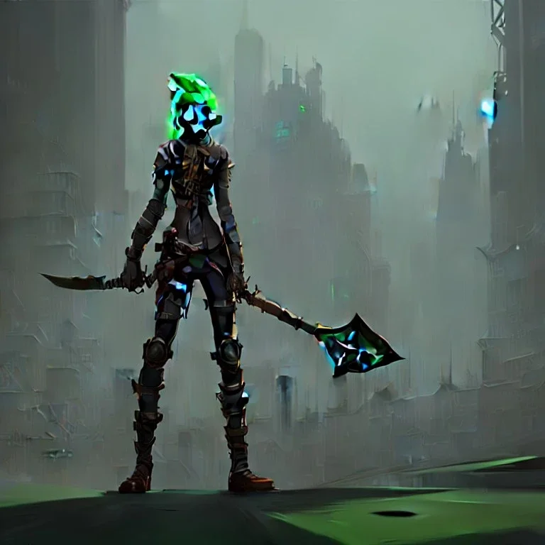 dystopian city, goblin holding an axe, green hair, steampunk style