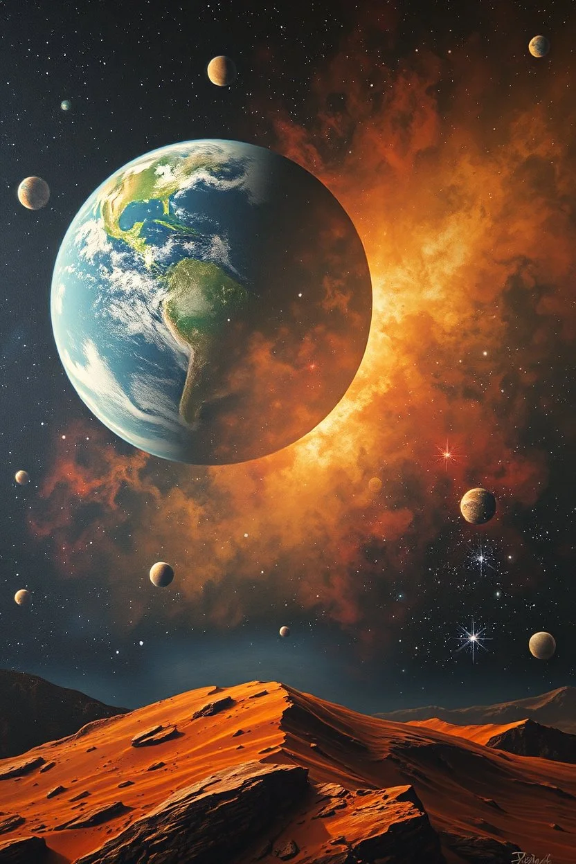 the stars with earth and other planets in it,Bosch painting style, show a shot of a view of Mars surface,