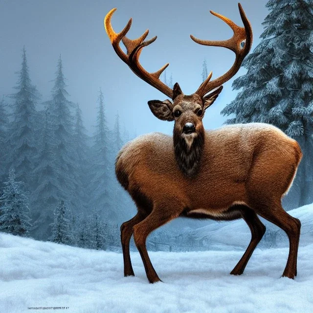 the most stunning, beautiful stag in a winter landscape, high-quality, ultrafine-detail, flickering light, fog, 8k resolution, 3d octane render, digital art, detailed matte, close up, George Grie, Anne Dittman, Anne Stokes, Lisa Parker, Selina French