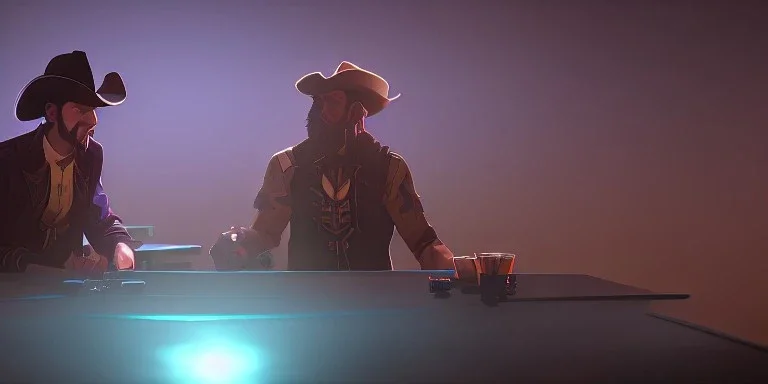 two cowboy men speaking while seated on a table in a room, bright light, high exposure