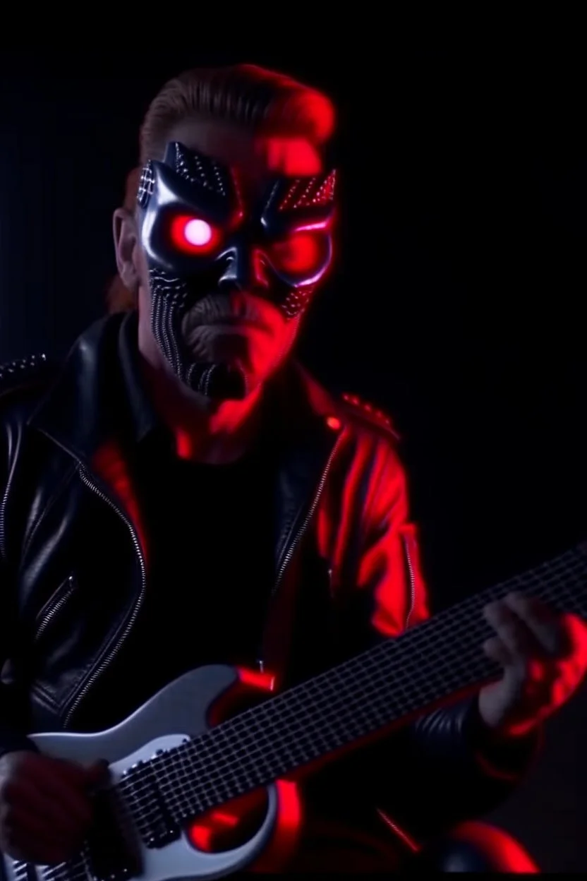 4K realistic portrait of a terminator playing guitar in the guitars of the AC guitarist