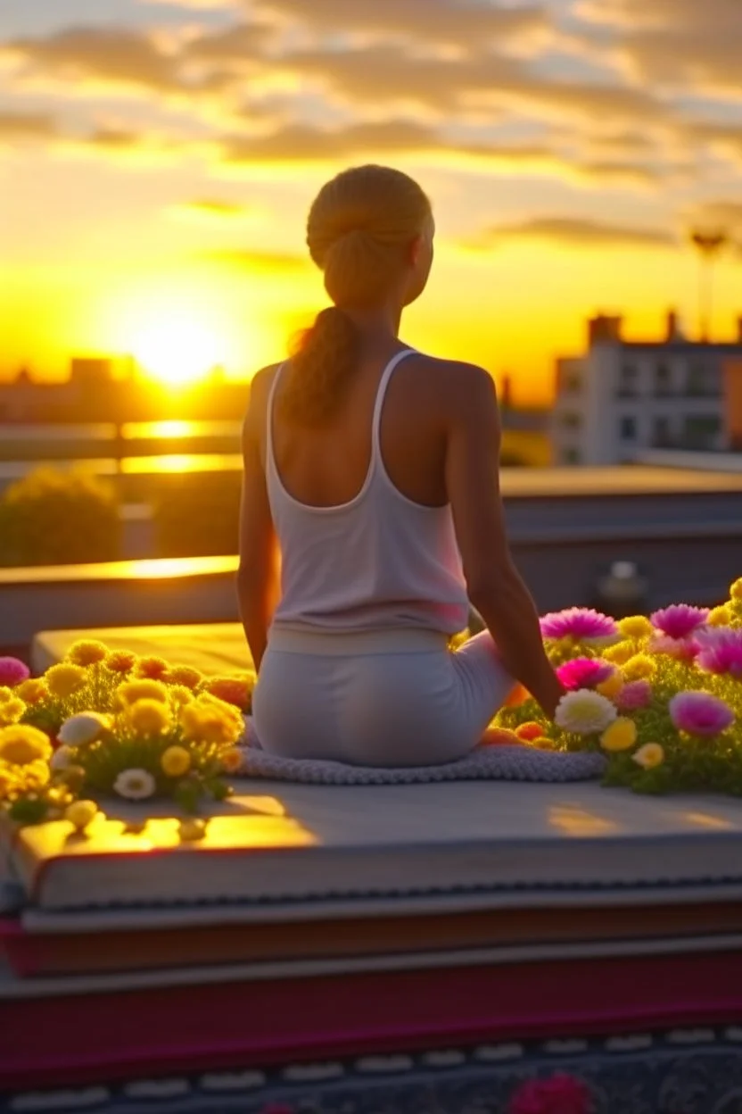 close up of woman doing yoga on the roof of a buss with flowers, 4k, downlight, soft light, depth of field, photorealism