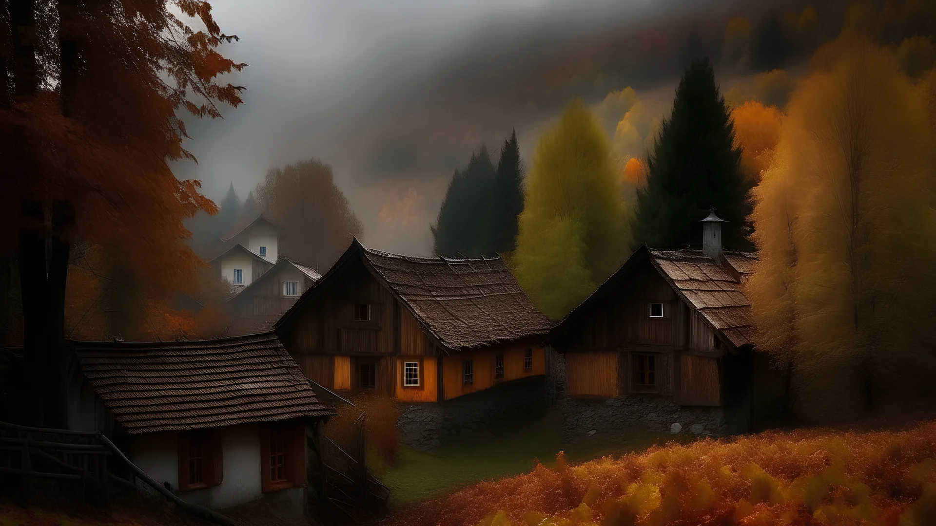 In the pale autumn season, a small village tucked away among hills bathed in the changing colors of the trees lies a spirit of secrecy and mystery. In this silent village lives an old witch, hiding behind the curtain of clouds and fog that surrounds her like a mysterious necklace. The old wooden houses appear to tell ancestral tales, but there is an air of tension in the air. The people avoid talking about this witch, and stop their conversation when they pass by her house, as fear and anticipa