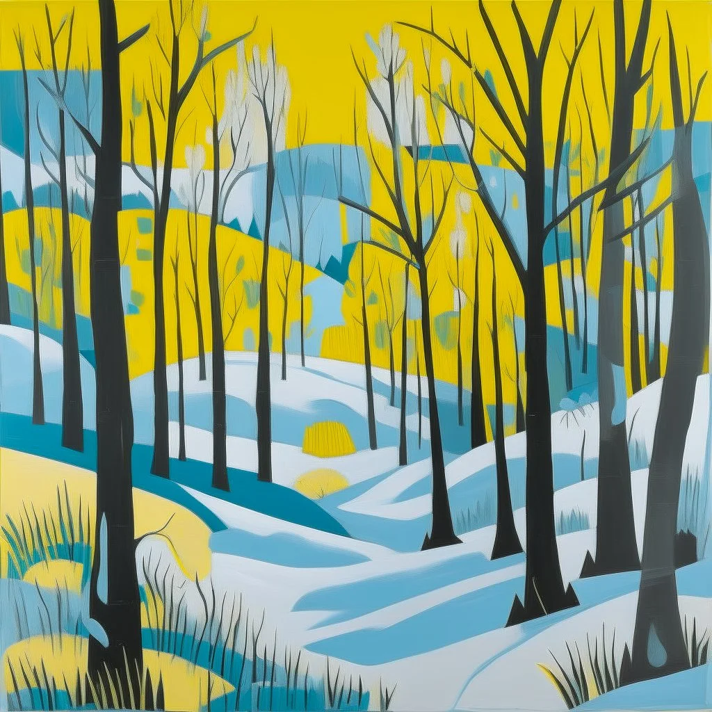 A yellow montane forest covered in frost painted by Stuart Davis