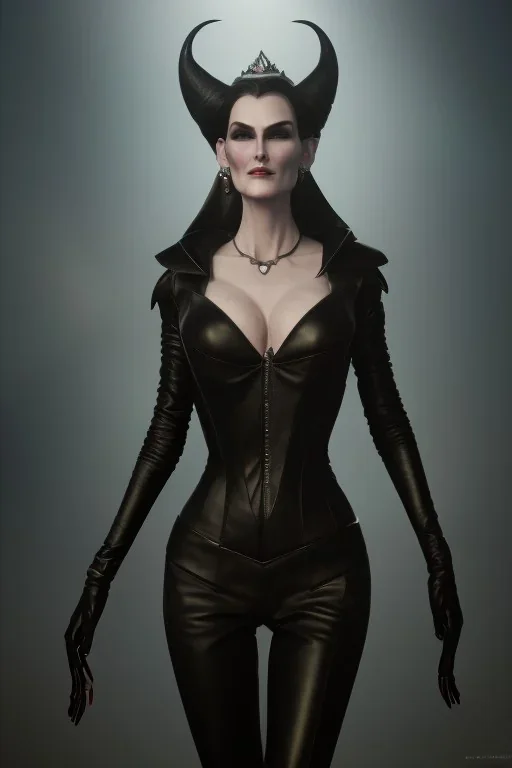 Carmen Dell`orifice as evil queen in black leather, leather, busty, cleavage, angry, stern look. character design by cory loftis, fenghua zhong, ryohei hase, ismail inceoglu and ruan jia. unreal engine 5, artistic lighting, highly detailed, photorealistic, fantasy