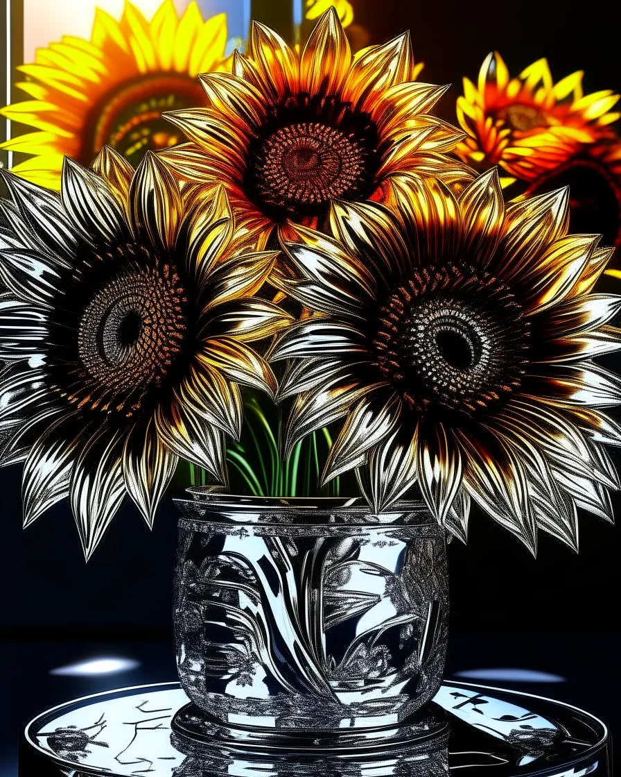 Girasoles de metal brillante, florero plateado brillante, arte digital 3D maximalista, calidad ultra, intrincado, hiperdetallado, increíble obra de arte, 8k