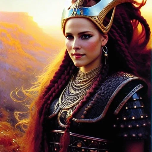 portrait beautiful face viking queen,braids,,busty,blonde,smiling,horned helmet,ancient leather armor, balanciaga fashion clothe painting by gaston bussiere, greg rutkowski, yoji shinkawa, yoshitaka amano, tsutomu nihei, donato giancola, tim hildebrandt, oil on canvas, cinematic composition, extreme detail,fit full head inside picture,16k