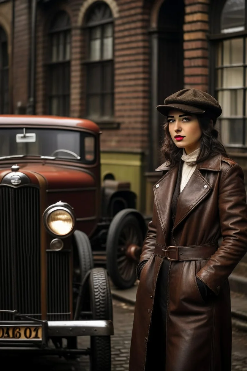 young woman with straight shoulder-length hair, dressed in brown leather trousers and waistcoat, leather gloves and a leather cap in an old industrial courtyard, next to a steampunk steam car