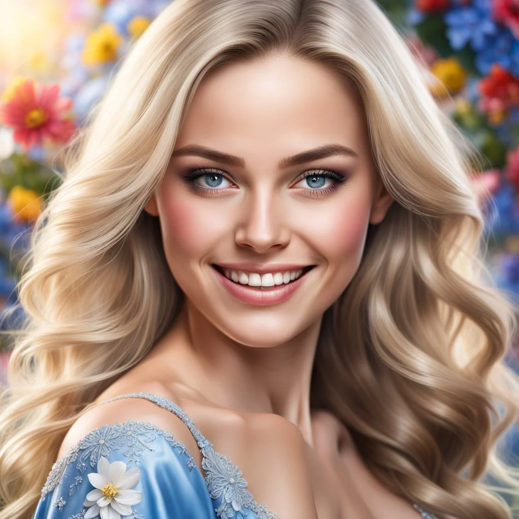 (best quality, 4k, 8k, highres, masterpiece:1.2), ultra-detailed, (realistic, photorealistic, photo-realistic:1.37),hyper realistic, gorgeous smiling 1woman,long hair,looking at viewer,realistic proportions,blue eyes,hair ornament,dress,very long hair,flower,blonde hair,parted lips,necklace,white dress,blonde hair,lips,blurry background,freckles,realistic,head wreath, pink flower,realistic portrait