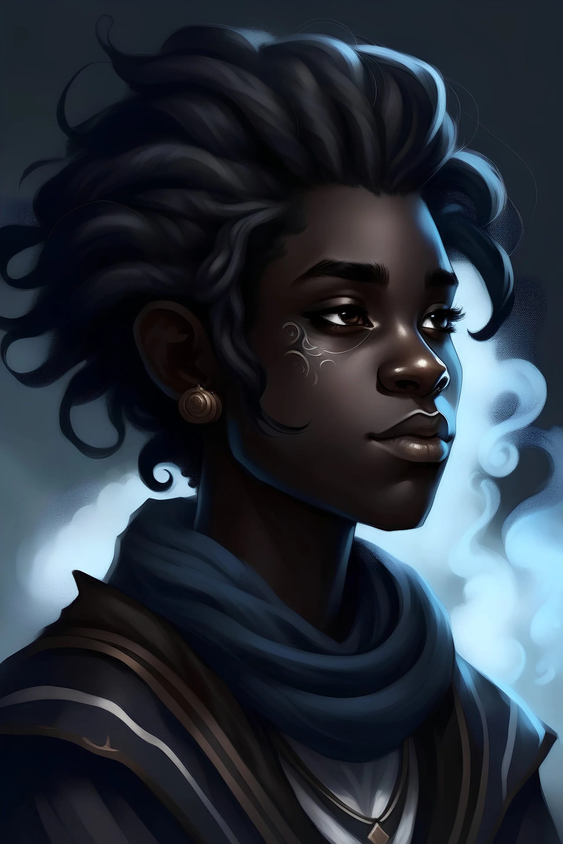 A young male Air genasi with black skin smoke some hair