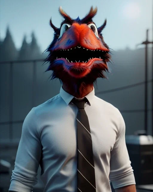 Realistic image, hybrid character, original Elmo muppet head, man body, human arms and hands, Shirt and tie, concept art, smooth, unreal engine 5, god lights, ray tracing, RTX, lumen lighting, ultra detail, volumetric lighting, 3d, finely drawn, high definition, 4k.