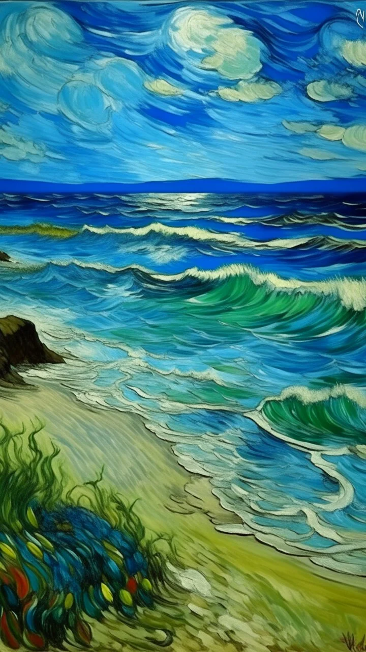 A blue watery coast near a beach painted by Vincent van Gogh